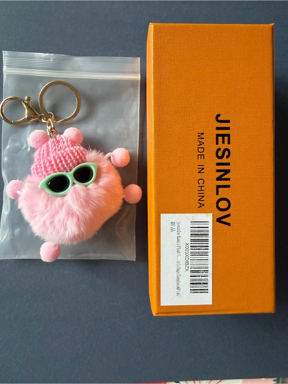 Pink Furry Pom-Pom Keychain with Sunglasses - Kids Accessory